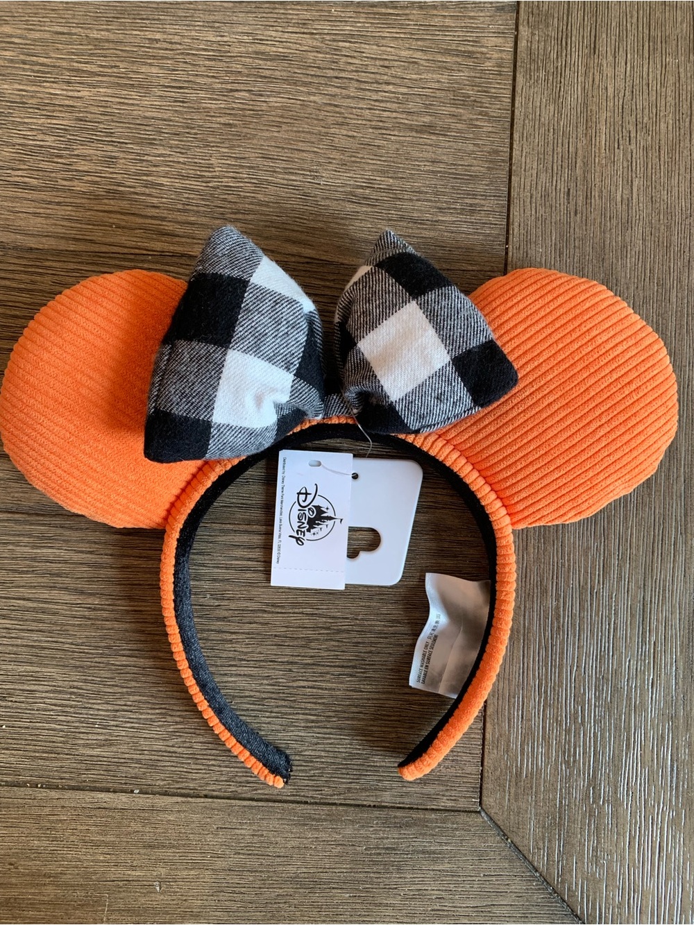 Disney Orange Corduroy Minnie Ear Headband with Black & White Plaid Bow